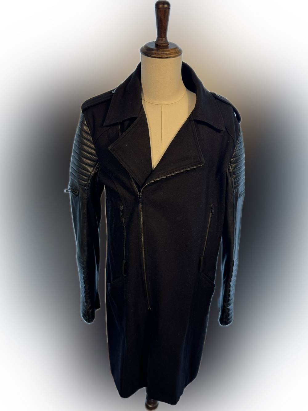 SKINGRAFT Avant Garde Moto Trench Coat Black Wool Leather Quilted Sleeve Gothic